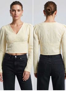 Pale Yellow Textured Puff Sleeve Crop Top