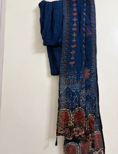 Blue Printed V-Neck Kurta