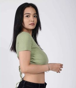 Green Cotton Back Tie Up Fitted Top