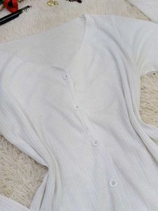 White Ribbed Button-Up Long Sleeve Top