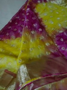 Organza Saree Yellow And  Rani Colour