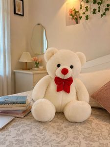 Large White Teddy Bear with Red Bow