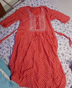 Coral Kurta with Embellished Neckline