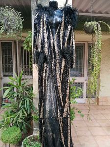 Sequined and Striped Couture Gown with Feather Det