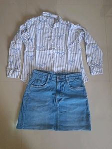 Denim Skirt and Bow Print Shirt Set