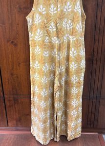 Yellow Leaf Print Sleeveless Jumpsuit