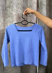 Blue Square Neck Long Sleeve Top
