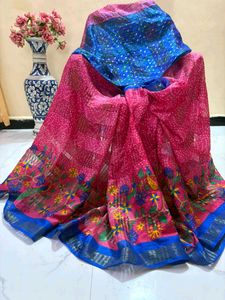 Beautiful Pink &amp; Blue Bandhani Saree