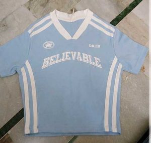 Blue Cropped "BELIEVABLE" Graphic T-Shirt