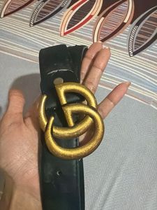Designer Black Leather Belt with GG Buckle