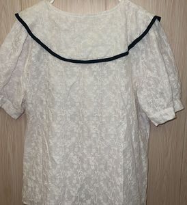 Korean White Embroidered Puff Sleeve Blouse