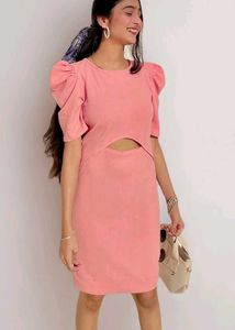 Pink Puff Sleeve Cutout Dress