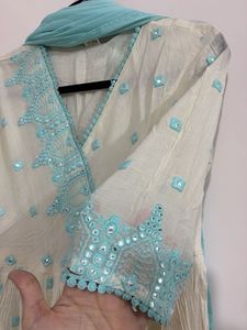 Cream Anarkali Kurta with Blue Embroidery