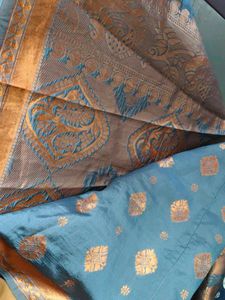 Beautiful Teal Saree with Gold Print