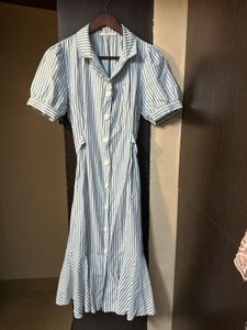Light Blue Striped Button-Up Dress