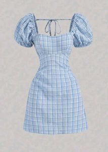 Blue Plaid Puff Sleeve Dress 🫐