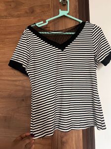 Striped Mesh Detail Top