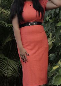 Orange Ribbed body con Dress