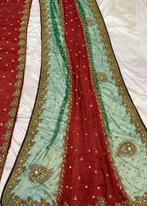 Embellished Red and Green Saree