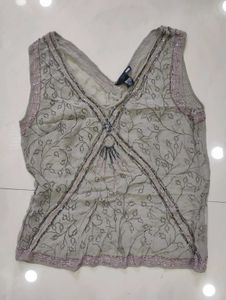 Sheer Embellished Sleeveless V-Neck Top