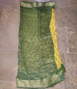 Vibrant Yellow &amp; Green Block Print Saree