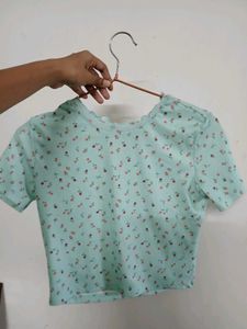 Mint Green Floral Print Ribbed Crop Top