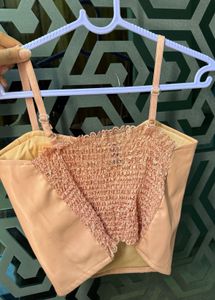 Sheer Lace &amp; Faux Leather Crop Top