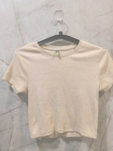 Basic Beige Ribbed Cropped T-Shirt (size-M)