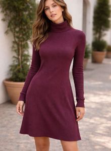 Burgundy Ribbed Turtleneck Dress