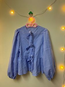Cute Blue Gingham Peplum Blouse