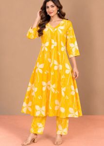 Yellow Floral Print Kurta Set