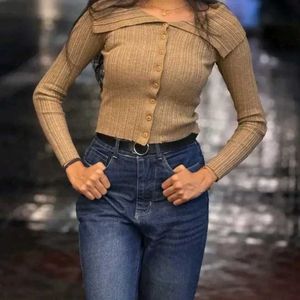Ribbed Off-Shoulder Button-Up Top