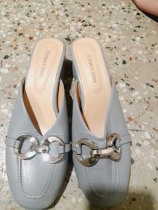 Chic Grey Mules with Silver Buckle Accent
