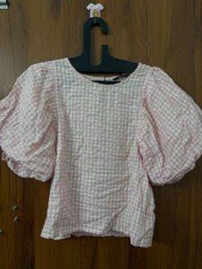 🌸Pink Gingham Balloon Sleeve Top