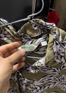 Olive Green Leaf Print Button-Up Shirt