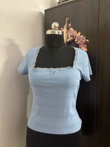 Baby Blue Ribbed Top with Lace Trim