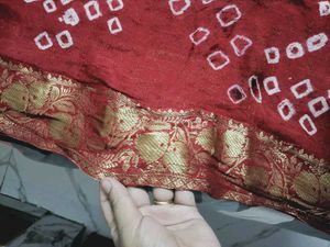 Red Bandhani Duppata with Golden Border