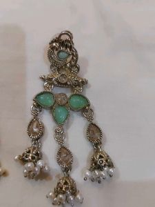 Elegant Pearl &amp; Green Stone Dangle Earrings