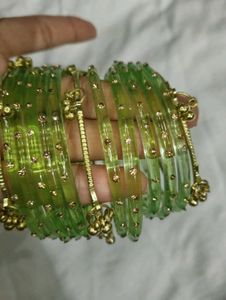 trendy Kashmiri gold and glass Green Bangles