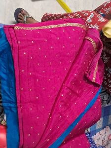 Vibrant Pink &amp; Blue Embroidered Saree