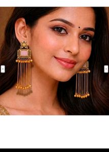 Elegant Gold Toned Dangle Earrings with Pink Accen