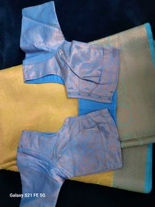 Elegant Yellow Saree with Blue Blouse Piece