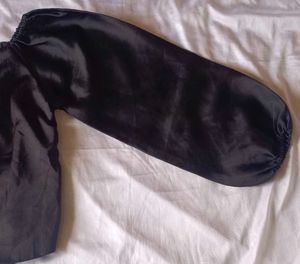 Black Satin Ruched Puff Sleeve Top