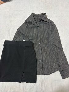 Striped fitted Shirt and Black Skirt Set