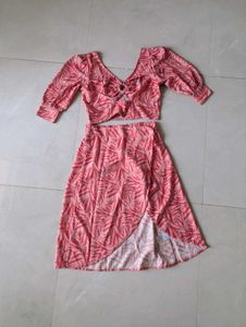 Stylish Pink Leaf Print wrap skirt and crop top