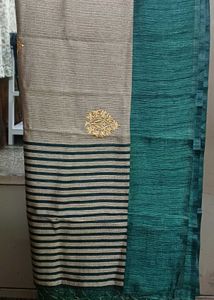 Elegant Metallic Grey Saree with Gold Motifs