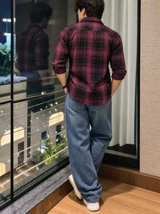 Men's Maroon Plaid Long Sleeve Shirt
