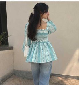 Chic Teal &amp; White Printed Peplum Top
