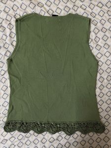 Olive Green Sleeveless Top with Lace Trim