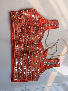 orange mirror work sleeveless blouse